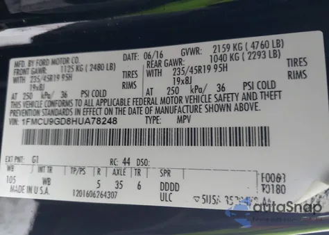 2017 Ford Escape Se из США, поврежденный, VIN 1FMCU9GD8HUA78248